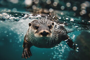 Poster - North american river otter swimming in clear blue water