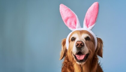 happy golden retriever dog bunny dressed ears rabbit easter holiday on blue background isolated