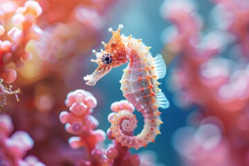 Poster - Seahorse swimming near beautiful pink coral reef