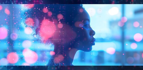 Wall Mural - woman with curly hair, her face illuminated by the glow from binary code floating around her against blue and orange background.