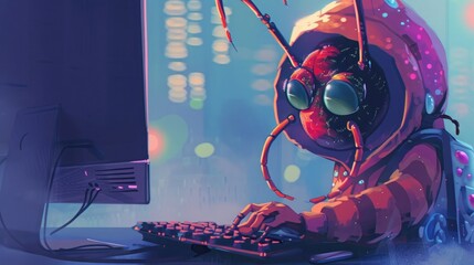 A whimsical portrayal of a cartoonish bug wearing a hacker's hoodie, typing away on a computer, representing a playful take on software bugs