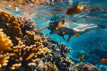 Poster - Young woman snorkeling exploring underwater marine life coral reef