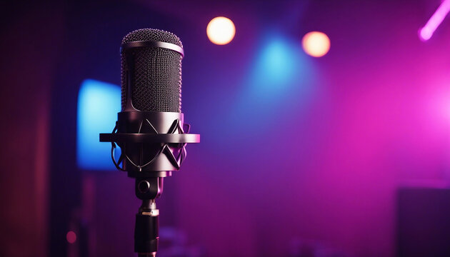 In an empty recorded studio with copy space, a studio microphone and pop shield are placed on the mike by Ai