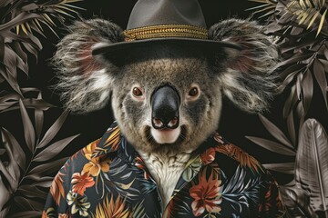 Poster - Koala wearing a hat and a shirt posing in a tropical forest