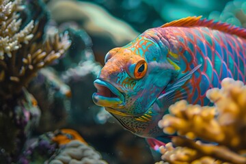 Poster - Rainbow fish swimming near coral reef in ocean