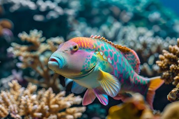 Poster - Multicolored fish swimming through a coral reef