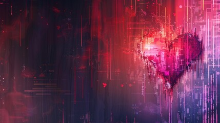 Poster - Abstract romantic background with glitch hearts. Digital love.