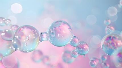 Wall Mural - Molecule inside transparent liquid bubble on a soft pastel background, 3D rendering, concept of skincare cosmetics solution