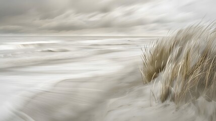 Wall Mural - monochromatic beachscape with soft beige colors and pampas grass in motion