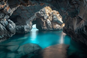Poster - Turquoise water illuminating cave opening to the sea