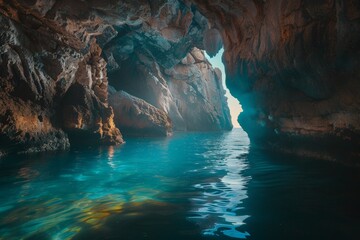 Poster - Turquoise water entering sea cave with light beams