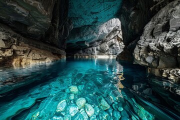 Wall Mural - Sunlight illuminating crystal clear water in marble cave