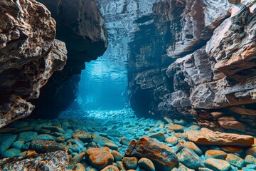 Wall Mural - Crystal clear water flowing through a rocky canyon creating a magical atmosphere