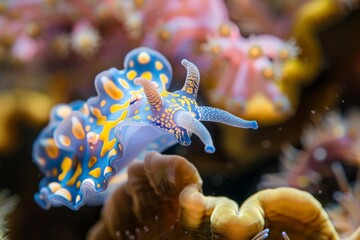 Poster - Colorful nudibranch swimming through coral reef