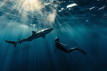 Wall Mural - Diver swimming with shark in sunrays underwater