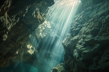 Poster - Underwater cave sunbeams creating ethereal light rays