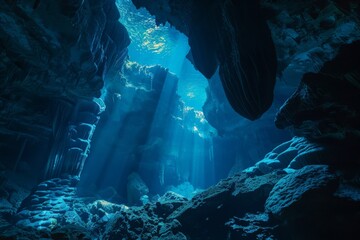 Poster - Sunlight is illuminating the depths of a submerged cave