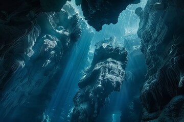 Poster - Sunlight piercing through surface of water in underwater cave