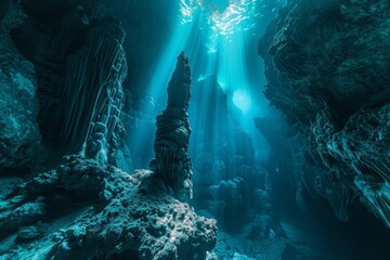 Poster - Sunlight illuminating rock formations in a mysterious underwater cave