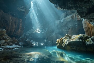 Wall Mural - Sunlight shining through hole in cave ceiling illuminating turquoise water