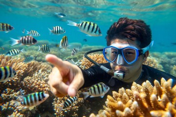 Poster - Young man scuba diving and pointing at tropical fish in coral reef