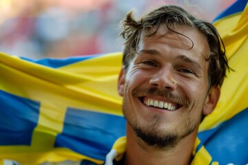 Swedish athlete smiling and celebrating with swedish flag