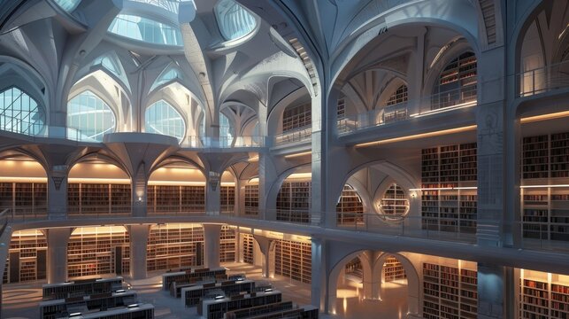 Futuristic Library: A library with classic architecture but equipped with advanced holographic books, digital catalogs, and interactive study spaces