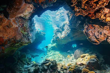 Wall Mural - Sunlight entering underwater cave illuminating ocean floor