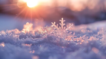Wall Mural - pure white snowflakes on glowing in the snow at sunset