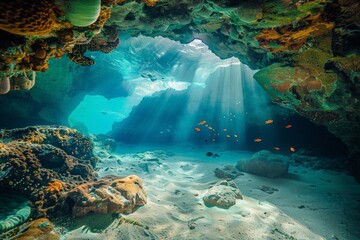 Aufkleber - Sunbeams lighting a shallow reef underwater cave