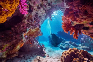 Aufkleber - Sunlight piercing through a colorful coral reef cave