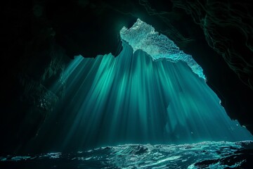 Wall Mural - Underwater cave entrance illuminating turquoise ocean water