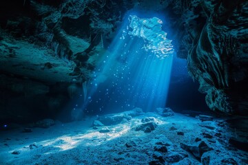 Poster - Sunlight illuminating a mysterious underwater cave with rocks and air bubbles