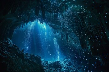 Aufkleber - Sunlight shining through entrance of underwater cave with stalactites