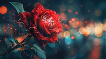 Wall Mural - Futuristic red rose with circuit big data technology. AI generated image