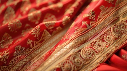Wall Mural - Description 2 Elegant red silk fabric perfect for Indian bridal attire with stunning embellishments