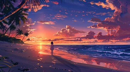 Canvas Print - of a beautiful sunset beach scene in Japanese anime style, beach, sunset, beautiful, girl, anime, hand drawn,ocean, waves, sand, palm trees, sky, clouds, horizon, peaceful, tranquil