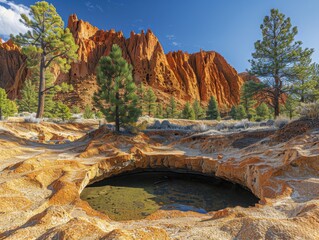 Sticker - Rocky Desert Landscape with Pine Trees and Natural Water Hole Under Clear Sky with Dramatic Red Rock Formations in the Background