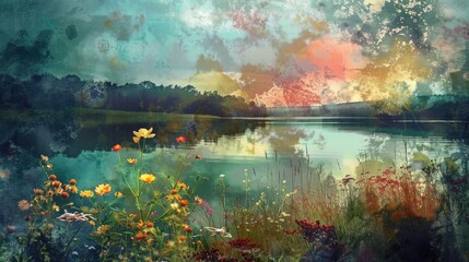 Wall Mural - Digital watercolor art of flowers by a serene lake