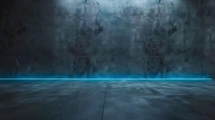 Wall Mural - Sleek industrial aesthetic Black cement backdrop contrasts with a grey concrete floor, ideal for showcasing text and products under a gentle blue glow