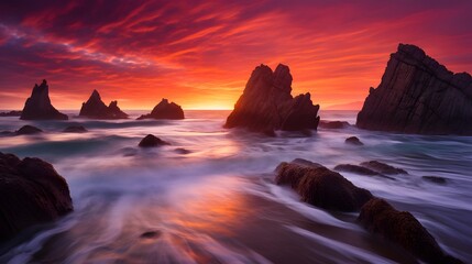 Panoramic view of beautiful sunset over the sea. Long exposure