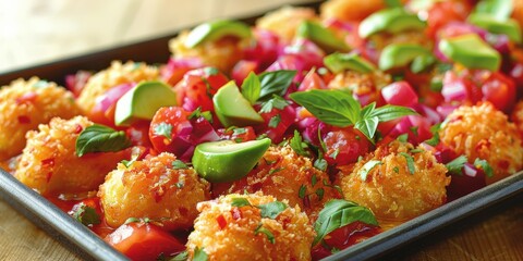 Delicious appetizer platter featuring crispy fried balls with colorful garnish, fresh herbs, vibrant tomatoes, and lime slices