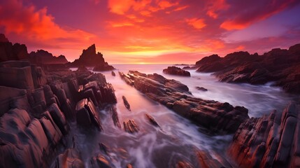 Wall Mural - Panoramic view of a beautiful sunset over a rocky beach in Cornwall