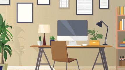 Wall Mural - Modern home office in the living room, Convenient, comfortable, nice place to work, Remote work from home, Minimal interior decor design background.