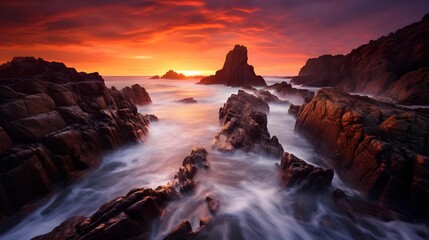 Long exposure of a rocky beach at sunset in Costa Brava, Spain