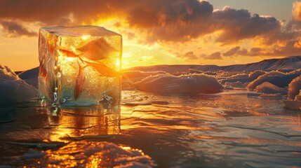 Sticker - Sunset frozen landscape with large ice cube containing fish in golden light