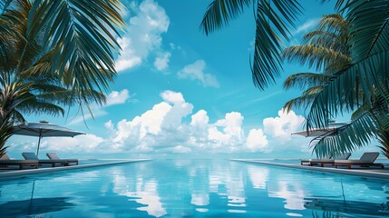 Wall Mural - Tranquil tropical resort scene in the Maldives A stunning landscape with a swimming pool under a clear blue sky dotted with fluffy clouds, adorned with luxurious loungers 