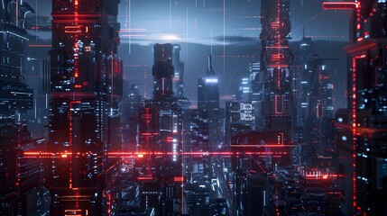 Night city Cyber punk landscape concept. Light glowing on dark scene. Night life. Technology network for 5g. Beyond generation and futuristic of Sci-Fi Capital city and building scene.