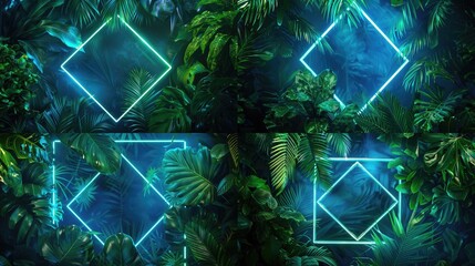 Wall Mural - Tropical Plants Illuminated with Green and Blue Fluorescent Light. Rainforest Environment with Diamond shaped Neon Frame.