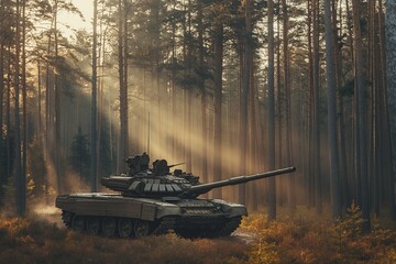 Tank in forest during World War, military conflict concept